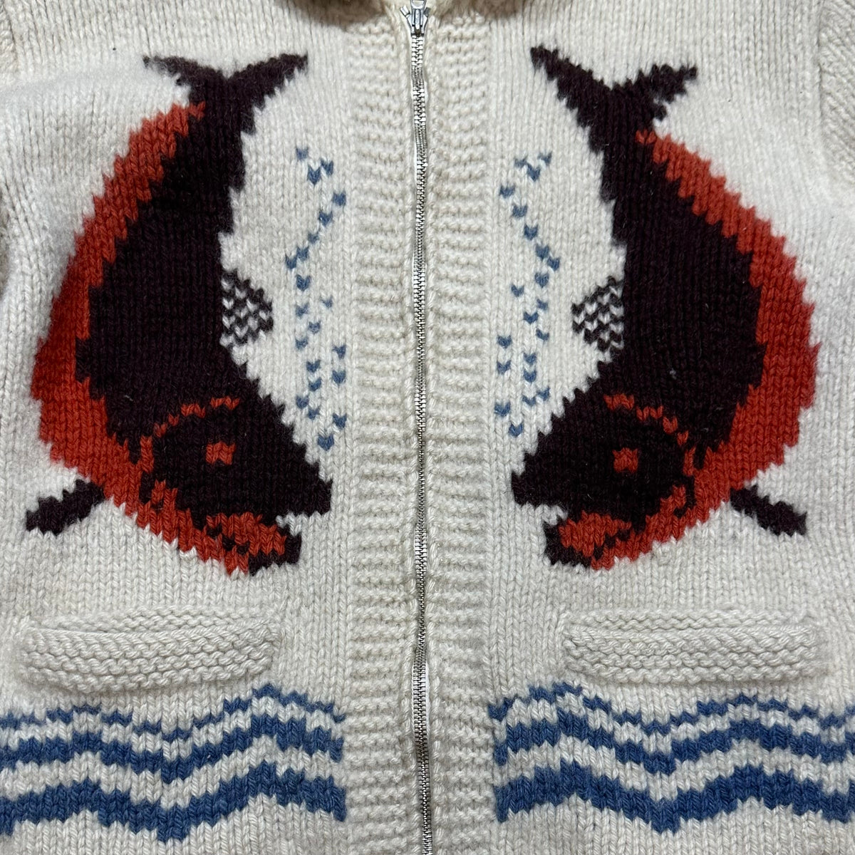 Vintage 1960's Mary Maxim Fish Cowichan Hand Knit Wool Sweater