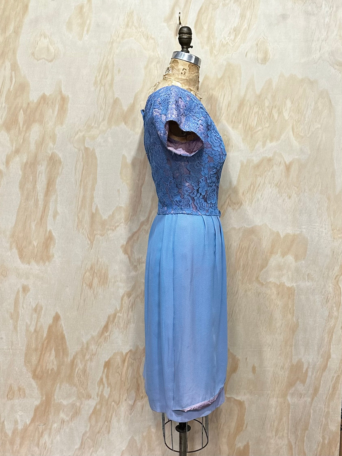 VIntage 1960's Blue Floral Silk Lace Crepe Party Dress