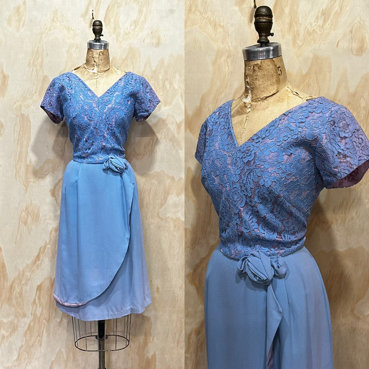 VIntage 1960's Blue Floral Silk Lace Crepe Party Dress