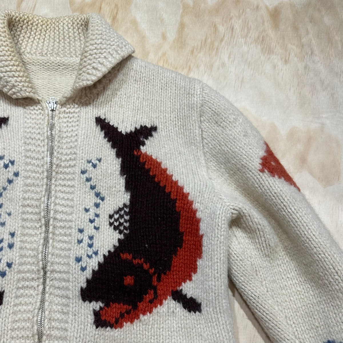 Vintage 1960's Mary Maxim Fish Cowichan Hand Knit Wool Sweater