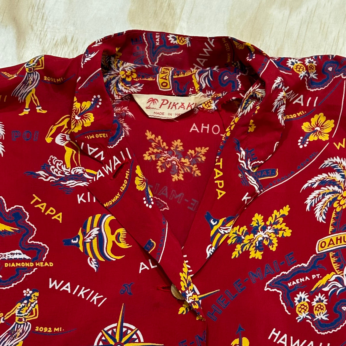 Vintage 1950s Cartoon Hula Girl Tiki Island • Pikaki • Silky Rayon Hawaiian Shirt • Novelty Print