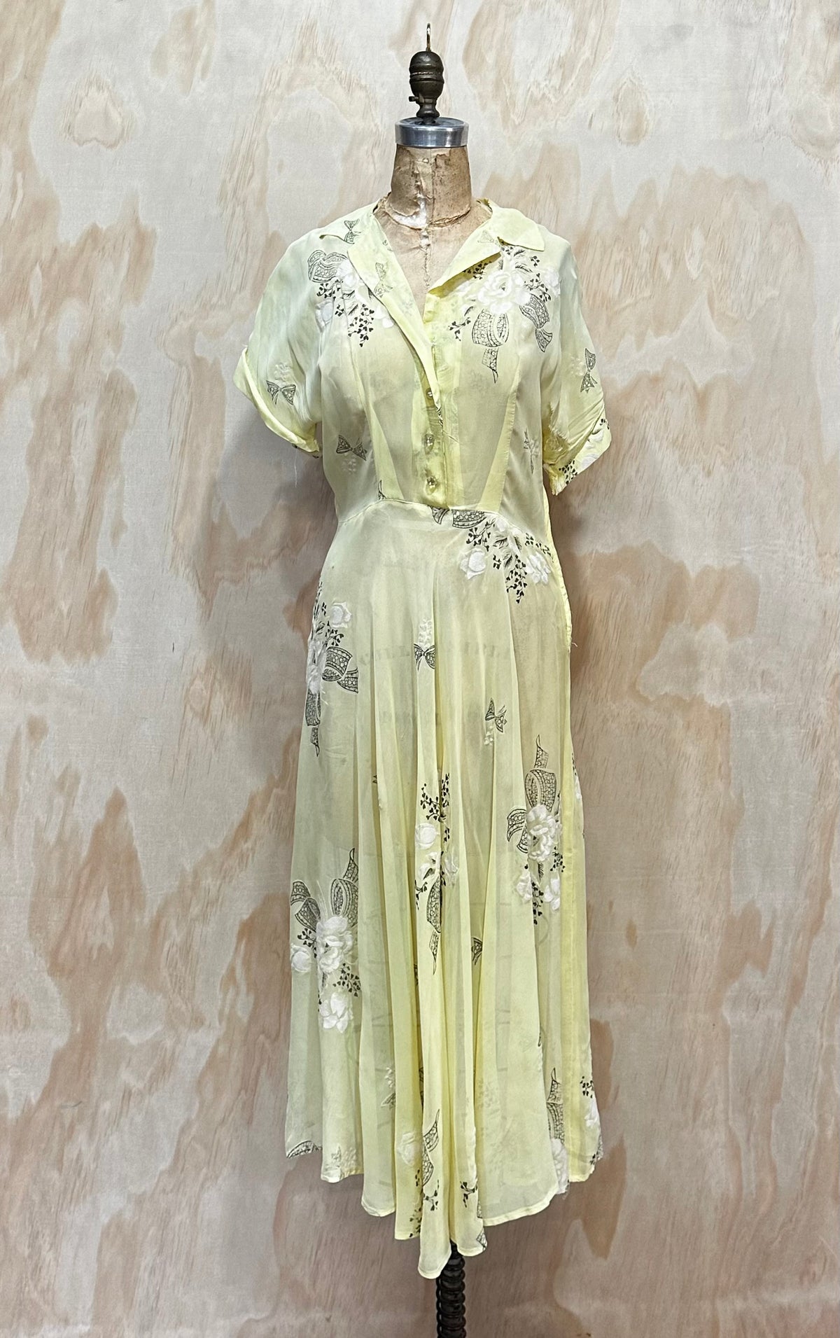 Vintage 1950s soft Yellow floral dress Sheer Dress Made in Montreal
