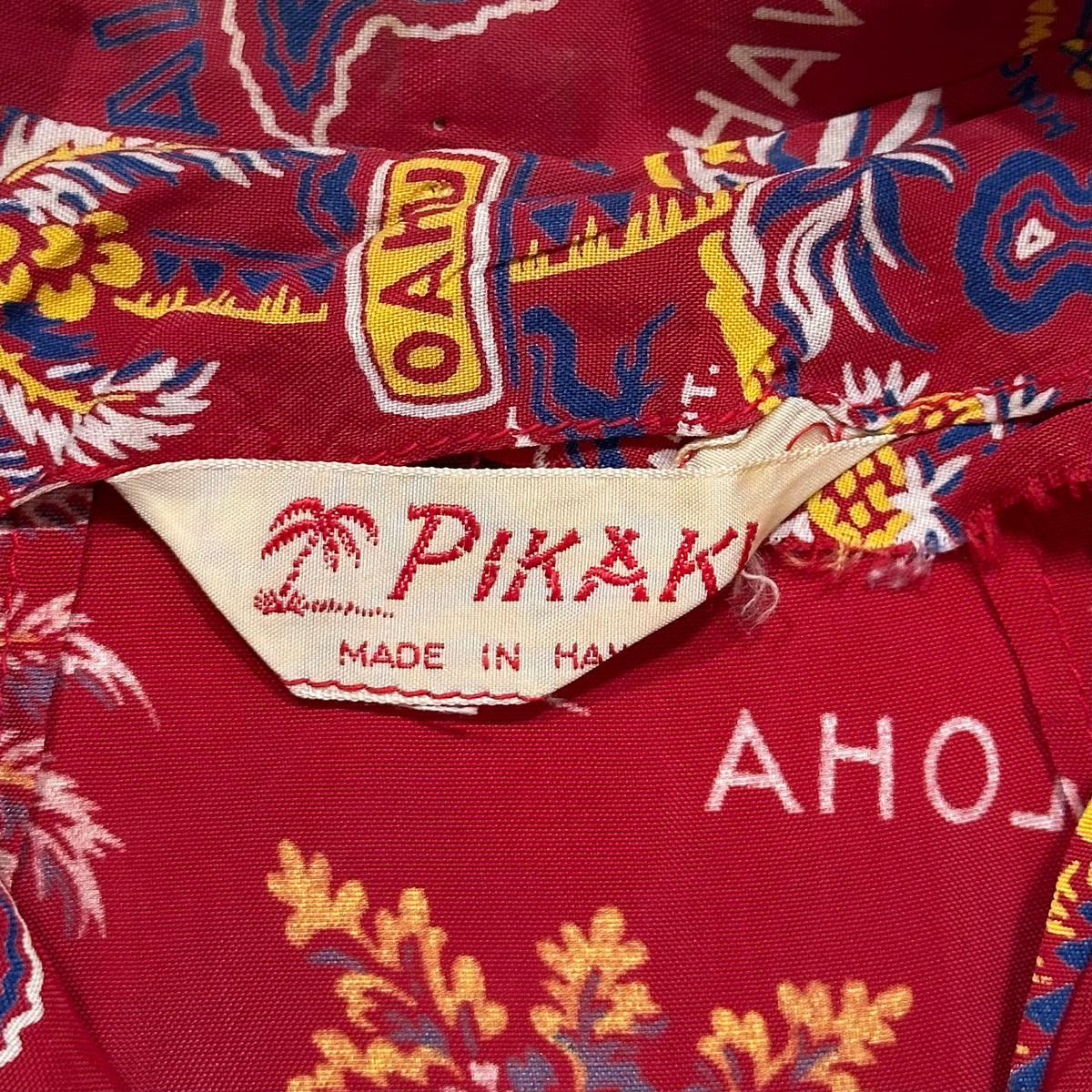 Vintage 1950s Cartoon Hula Girl Tiki Island • Pikaki • Silky Rayon Hawaiian Shirt • Novelty Print