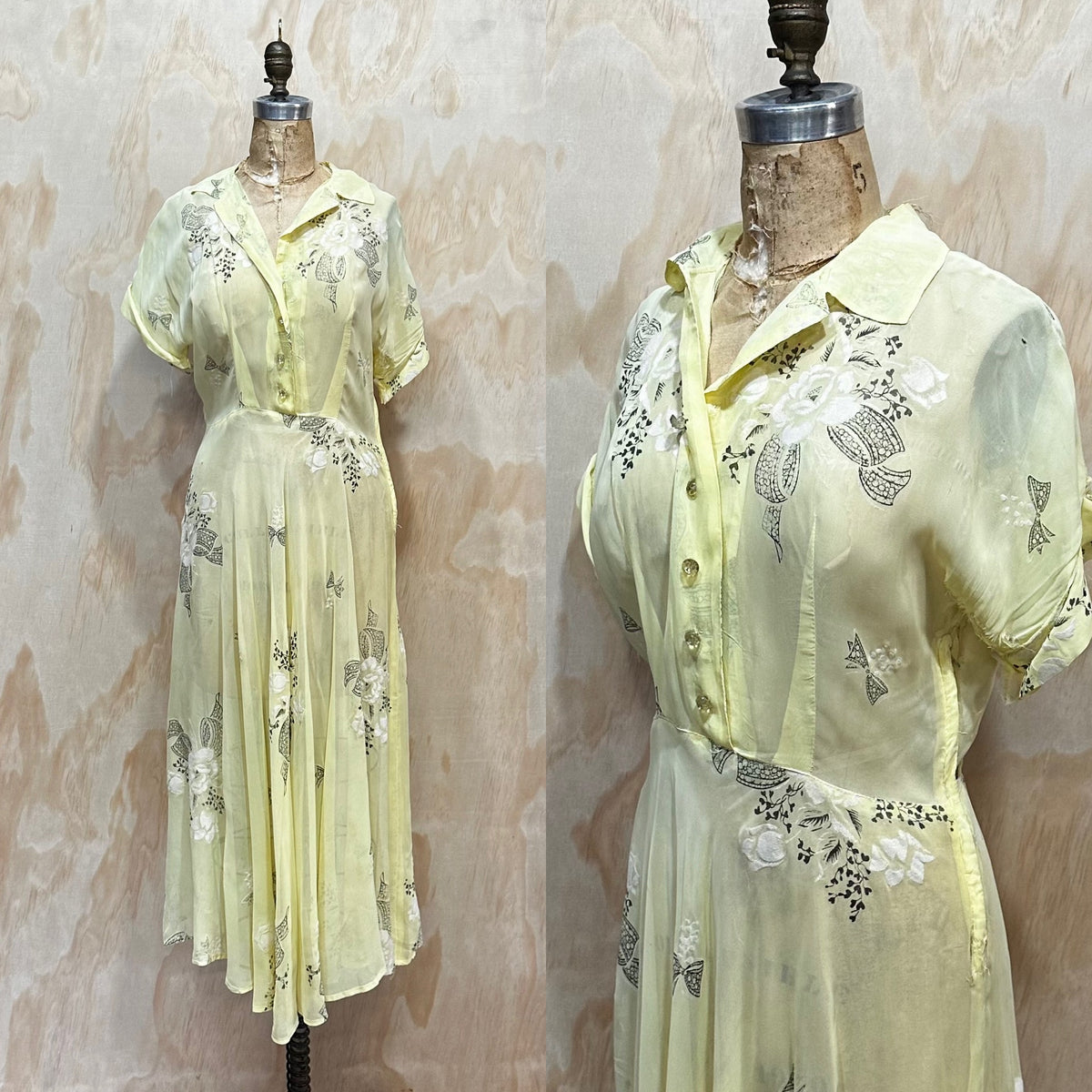 Vintage 1950s soft Yellow floral dress Sheer Dress Made in Montreal