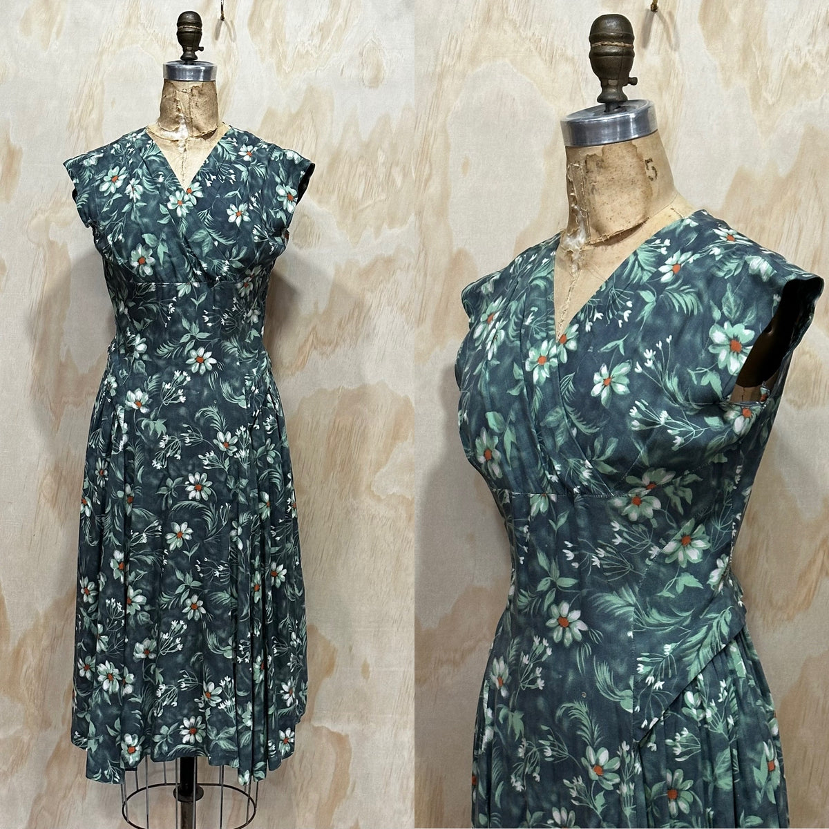 Vintage 50s/60s Green Floral Swing Dress