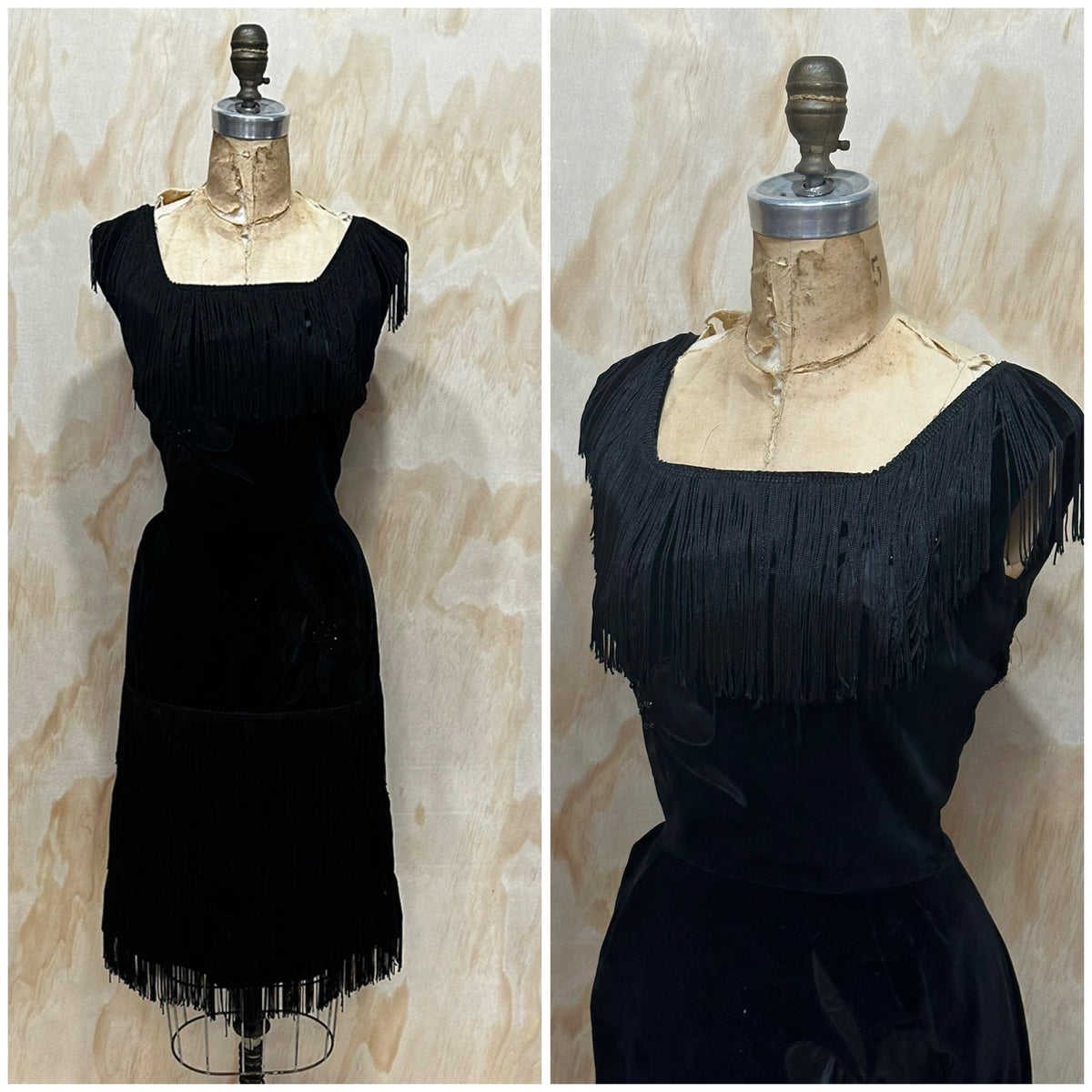 70's Vintage fringe black velvet flapper dress with tassels