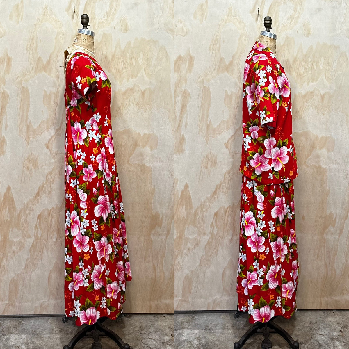 Vintage 60's Ui-Makai Red and Pink Floral Hawaiian Tiki dress with Waterfall Pleat 2 Pieces