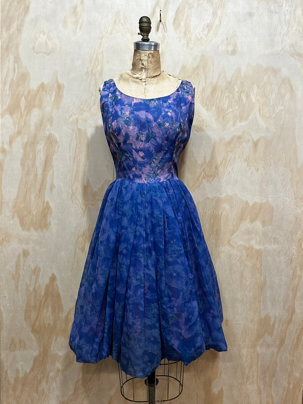 Vintage 1950's Blue Floral Chiffon Party Dress