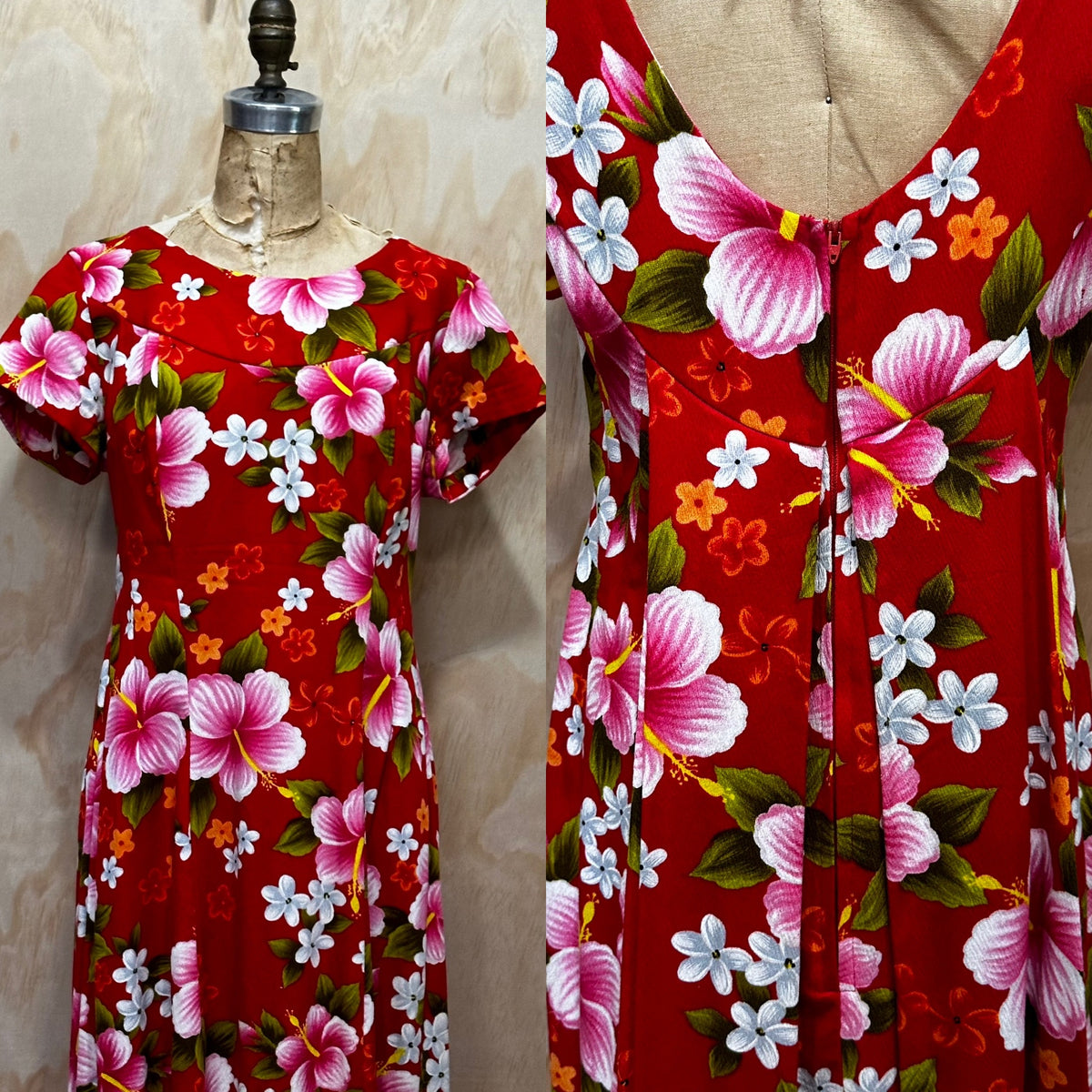 Vintage 60's Ui-Makai Red and Pink Floral Hawaiian Tiki dress with Waterfall Pleat 2 Pieces