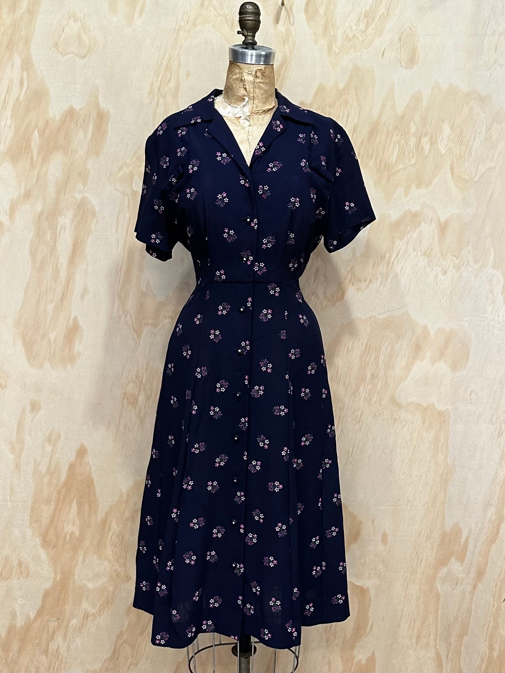 Vintage 50s A Line Navy Blue Floral Print Dress Shirtwaist Mintage Vintage