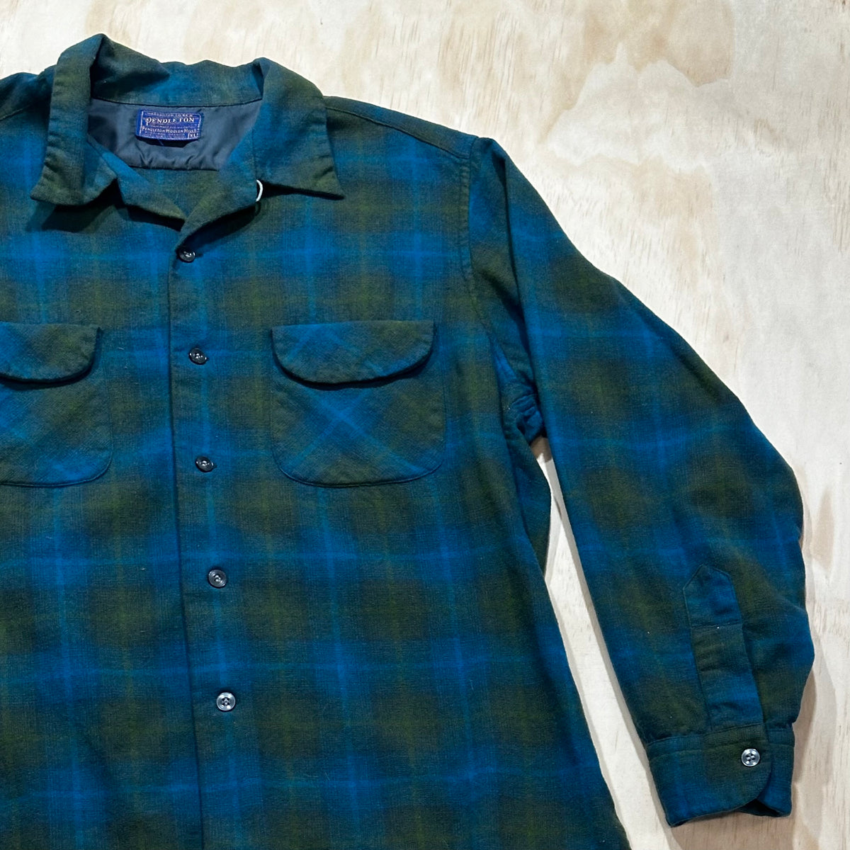 Vintage 70s Pendleton Board Shirt Flannel Flap Pockets Loop Collar Blue & Green Plaid