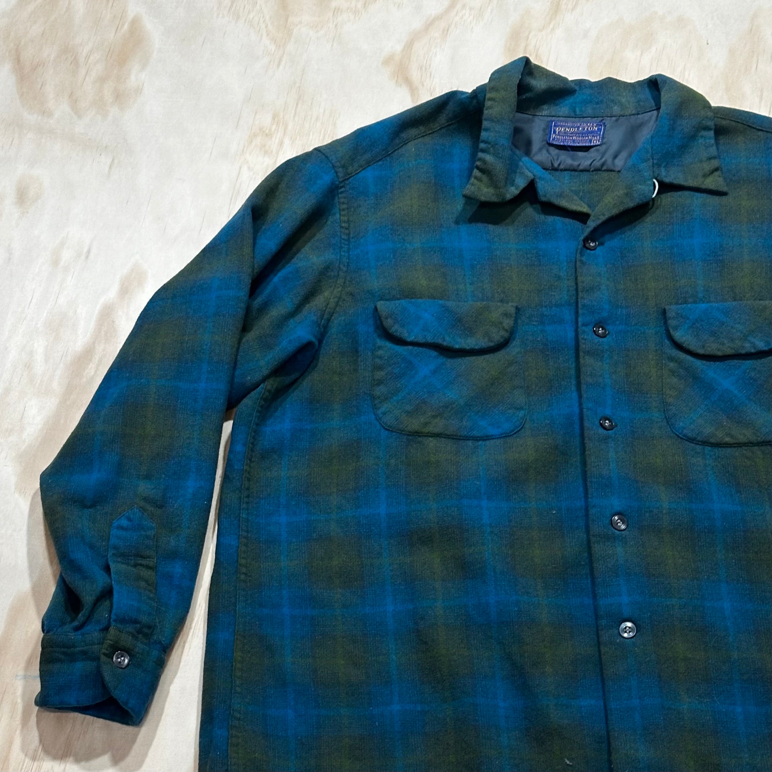 Vintage 70s Pendleton Board Shirt Flannel Flap Pockets Loop Collar Blue &  Green Plaid