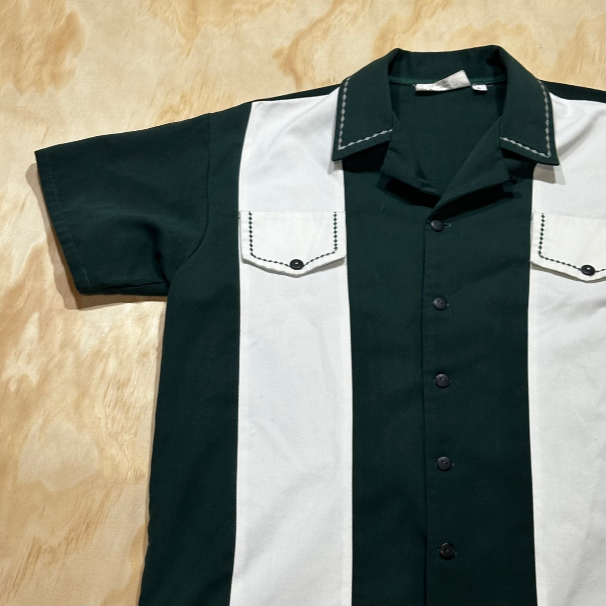 Vintage 50s Rockabilly Bowling Shirt • Retro Green and White • Double pocket • Chain Stitch