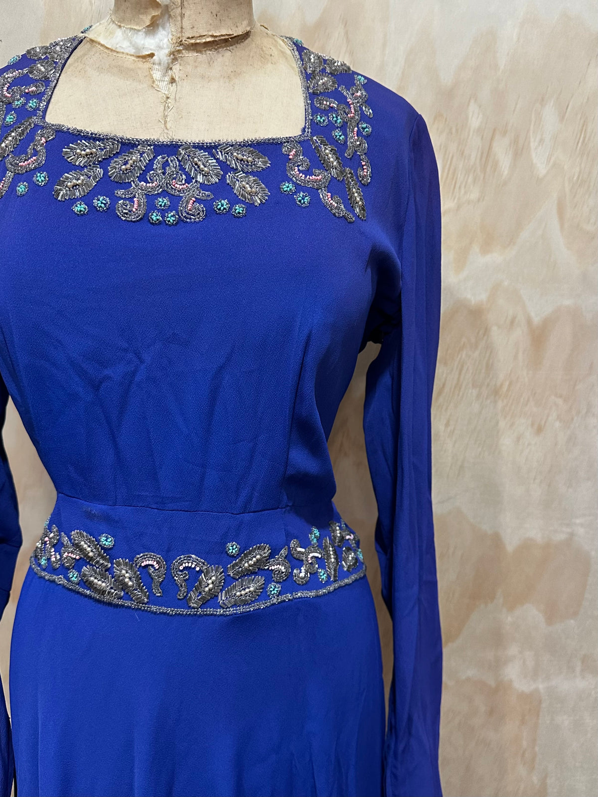 Vintage Late 1930s early 40s  Beaded Crepe Dress • Beautiful Royal Blue • Cocktail Dress