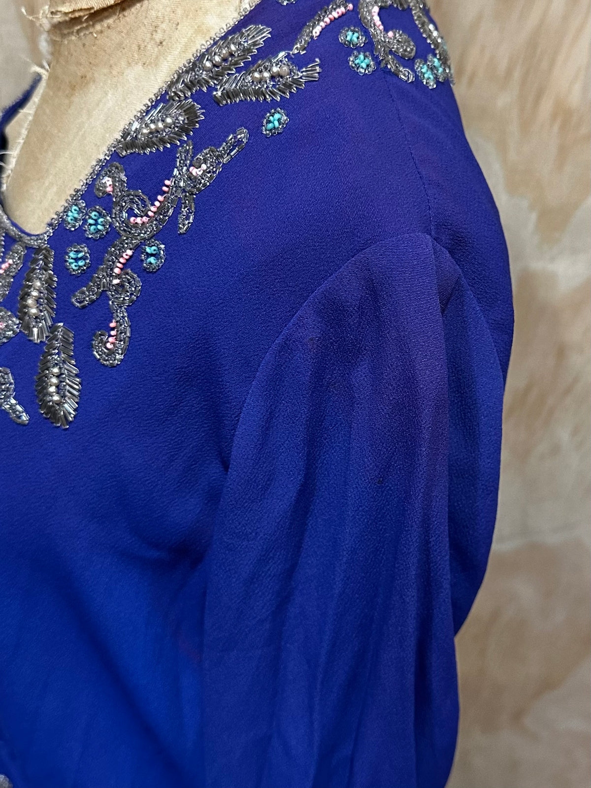 Vintage Late 1930s early 40s  Beaded Crepe Dress • Beautiful Royal Blue • Cocktail Dress