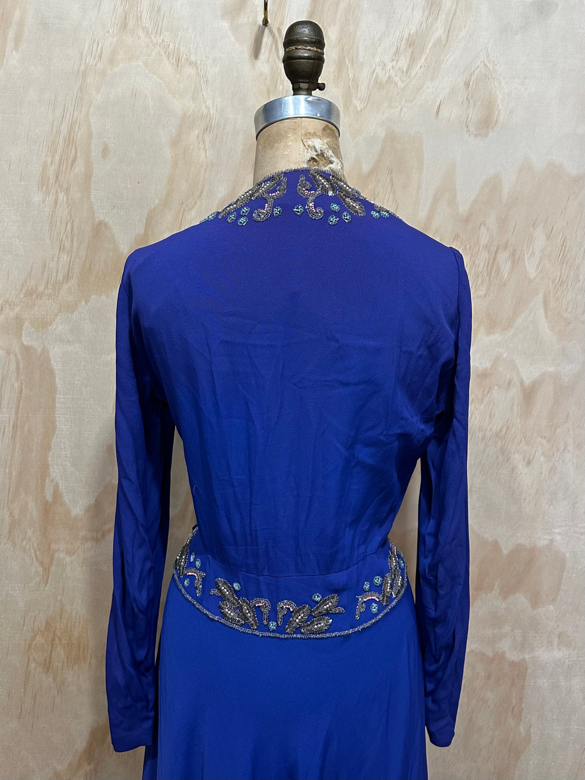 Vintage Late 1930s early 40s  Beaded Crepe Dress • Beautiful Royal Blue • Cocktail Dress