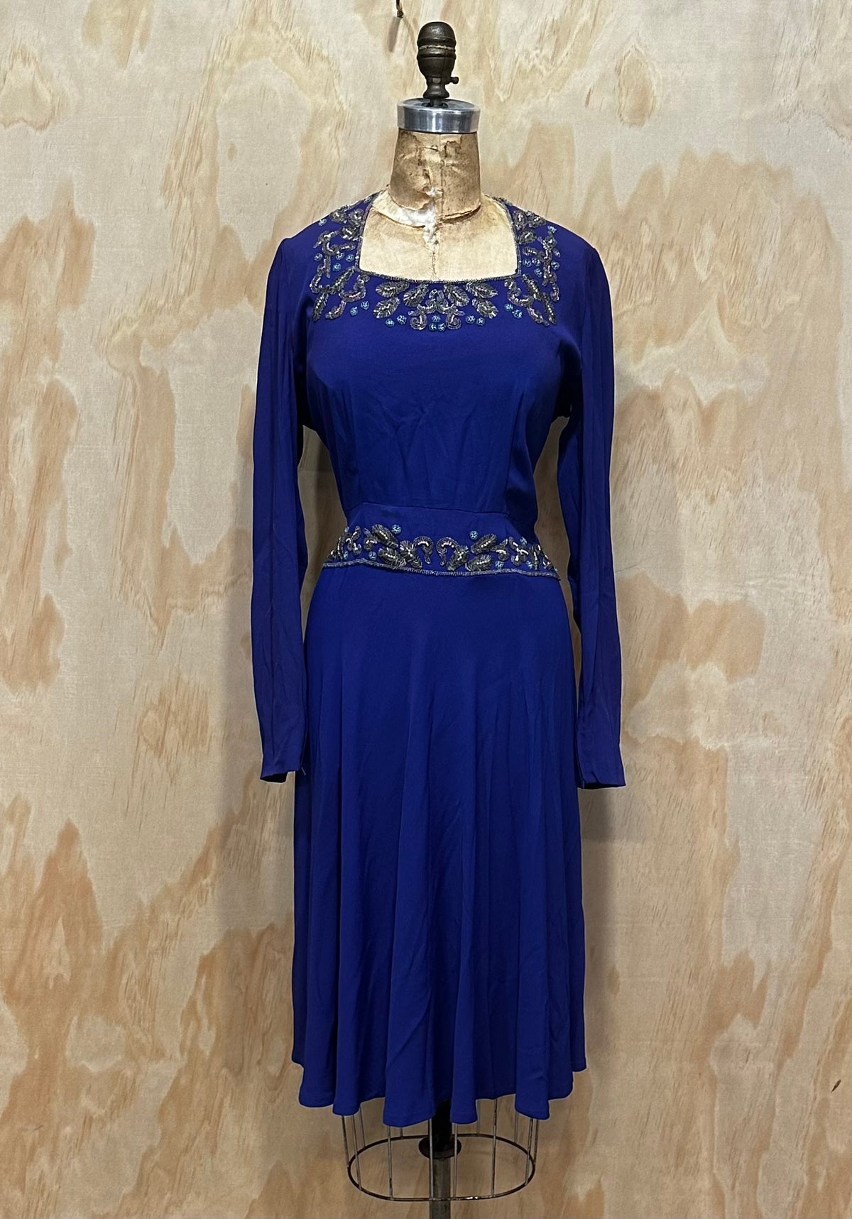 Vintage Late 1930s early 40s  Beaded Crepe Dress • Beautiful Royal Blue • Cocktail Dress