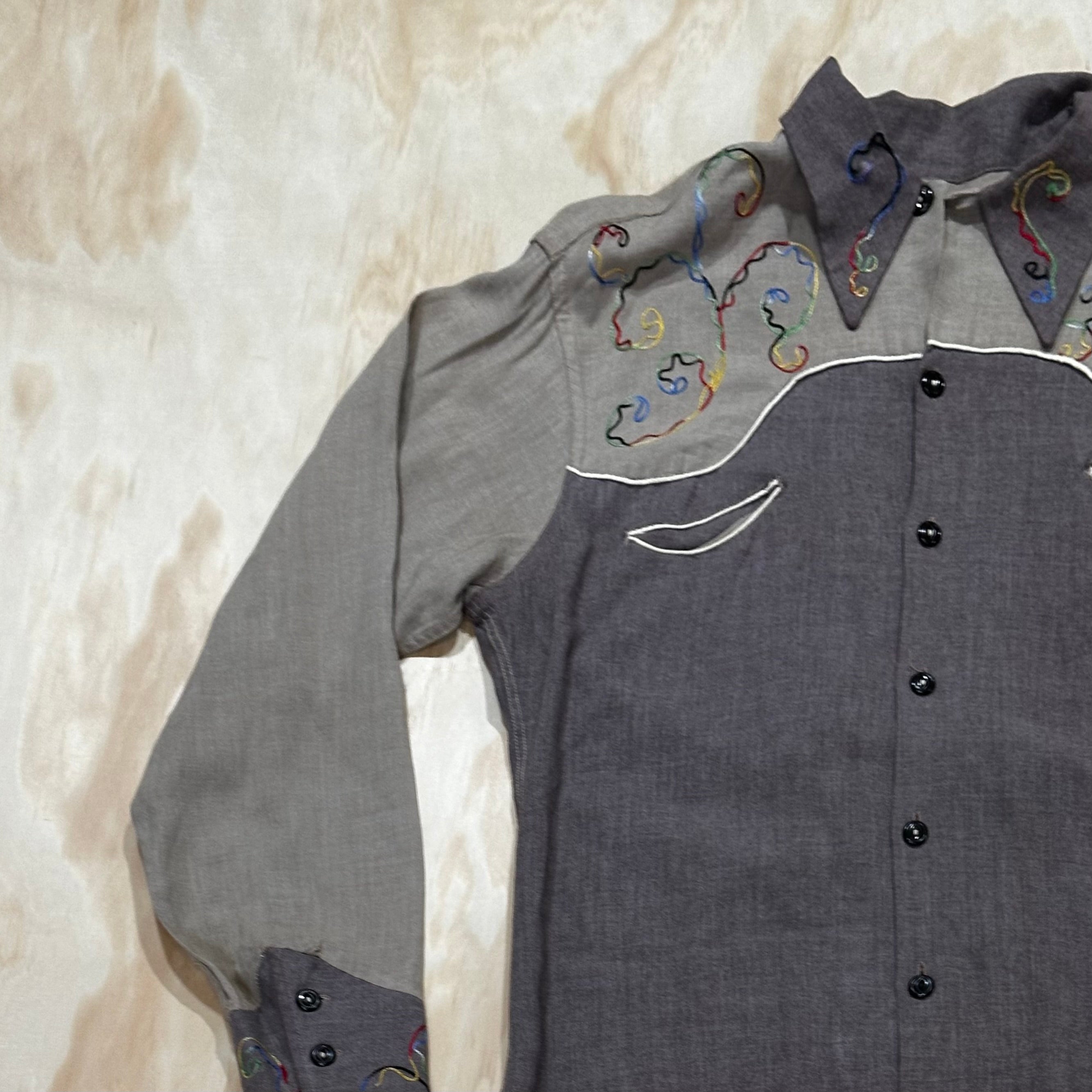 Vintage 50s Western Cowboy Shirt Gabardine Button Up Embroidered