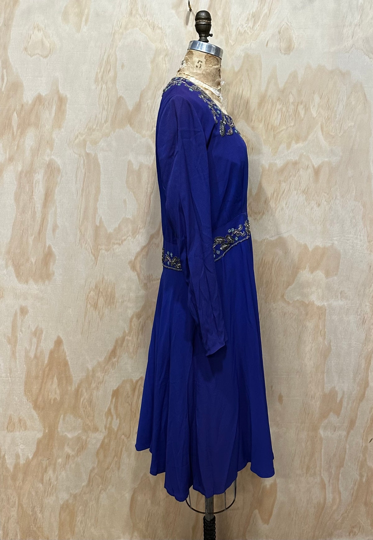 Vintage Late 1930s early 40s  Beaded Crepe Dress • Beautiful Royal Blue • Cocktail Dress