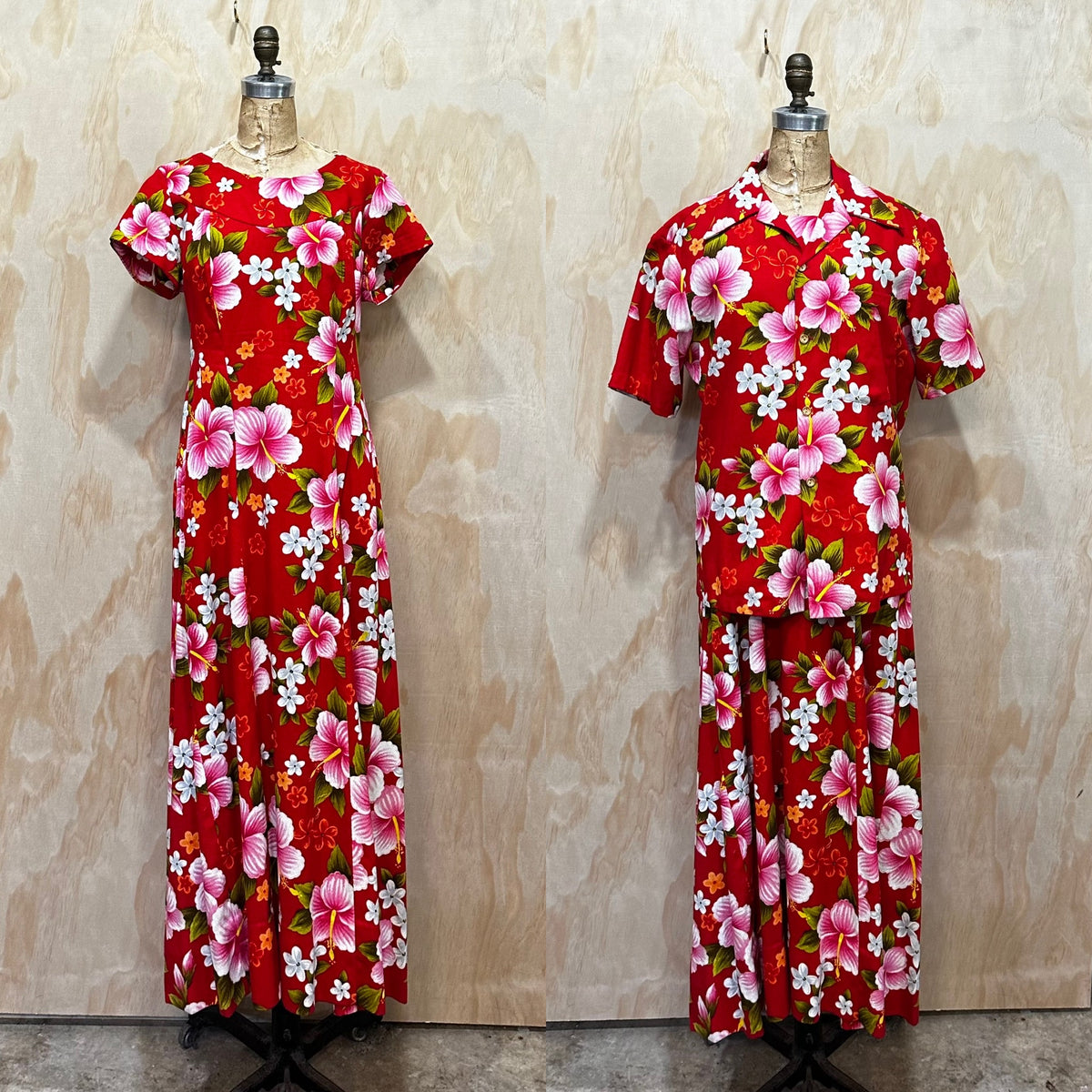 Vintage 60's Ui-Makai Red and Pink Floral Hawaiian Tiki dress with Waterfall Pleat 2 Pieces