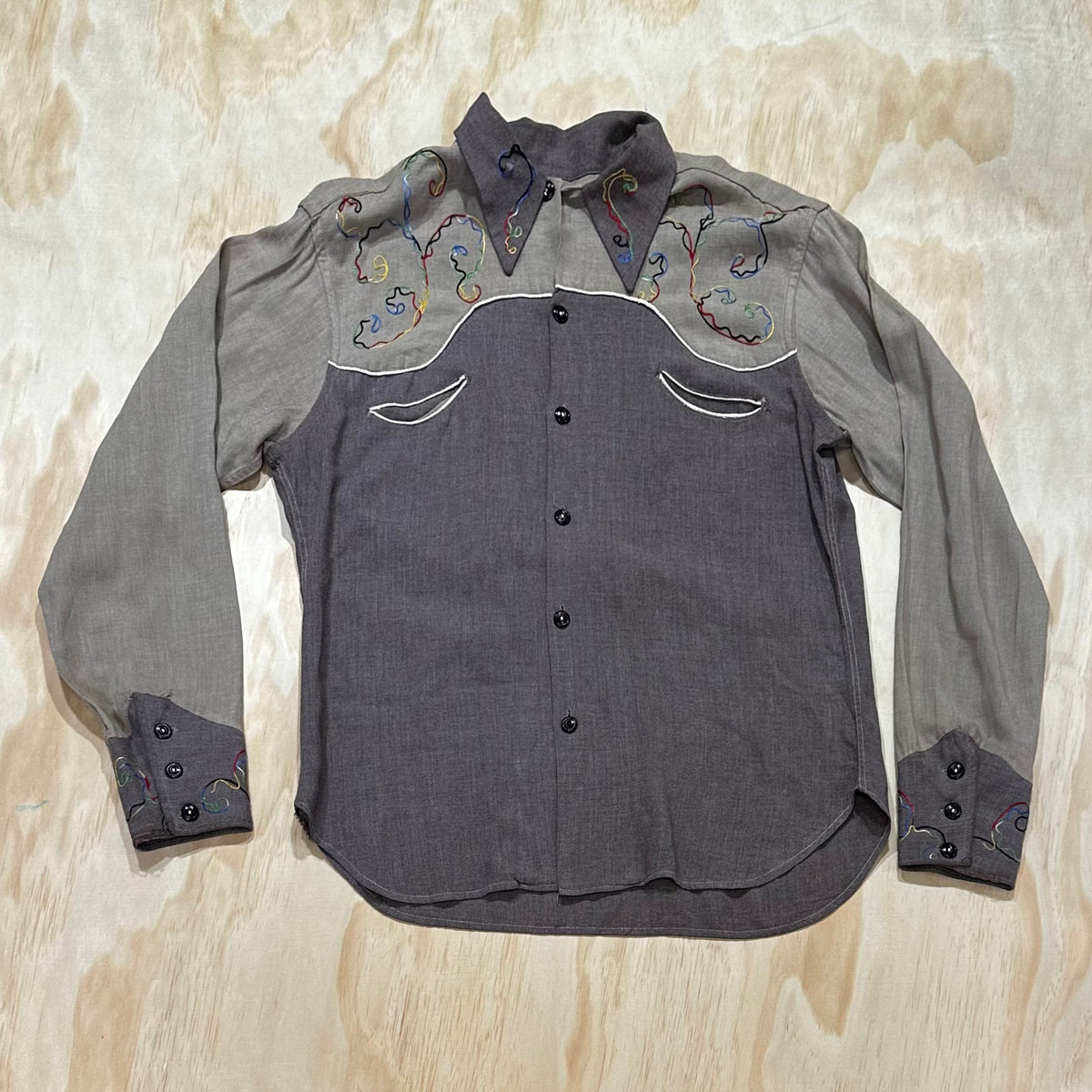 Vintage 50s Western Cowboy Shirt Gabardine Button Up Embroidered