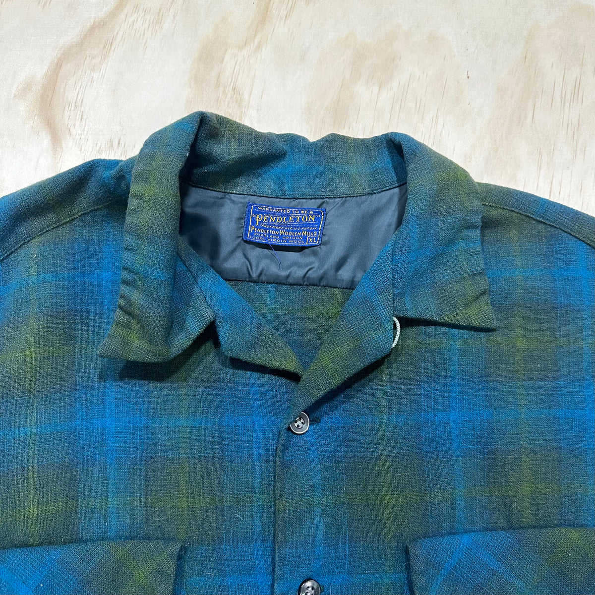 Vintage 70s Pendleton Board Shirt Flannel Flap Pockets Loop Collar Blue & Green Plaid