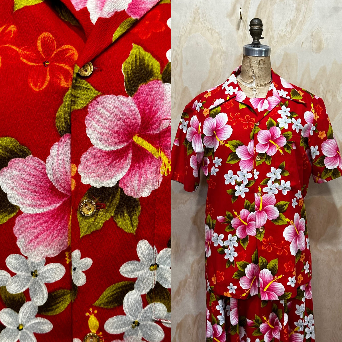 Vintage 60's Ui-Makai Red and Pink Floral Hawaiian Tiki dress with Waterfall Pleat 2 Pieces