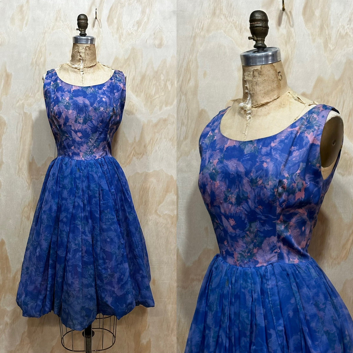 Vintage 1950's Blue Floral Chiffon Party Dress