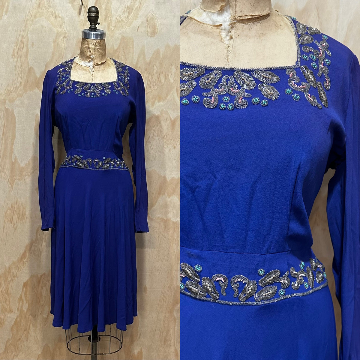 Vintage Late 1930s early 40s  Beaded Crepe Dress • Beautiful Royal Blue • Cocktail Dress