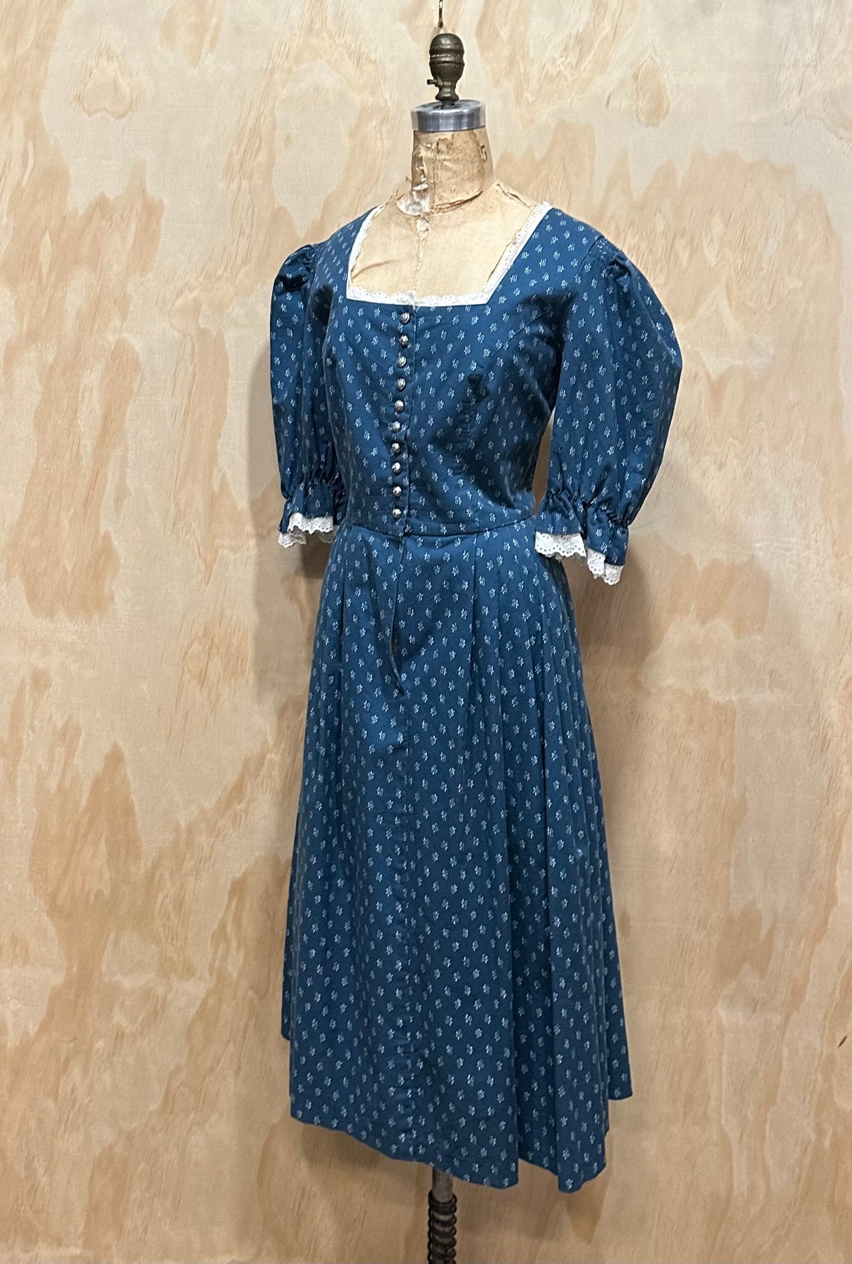 Vintage Dirndl Bavarian Dress • Puff Sleeve Blue Dress