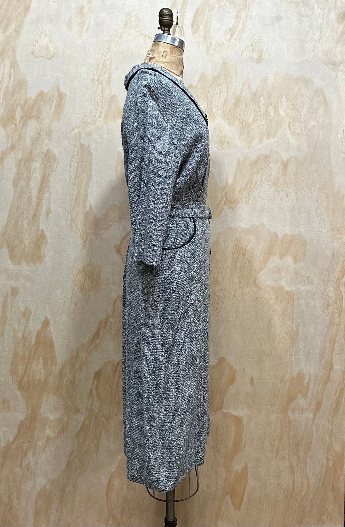 grey wiggle dress EARLY 1950s GRAY BACK DRAPE WIGGLE DRESS