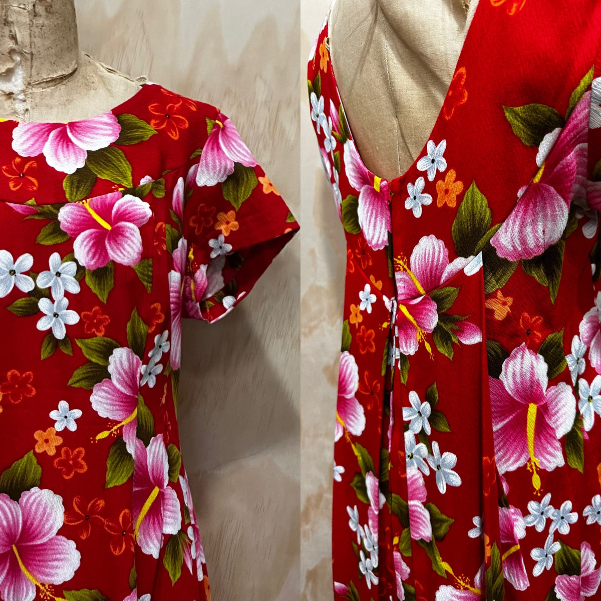 Vintage 60's Ui-Makai Red and Pink Floral Hawaiian Tiki dress with Waterfall Pleat 2 Pieces