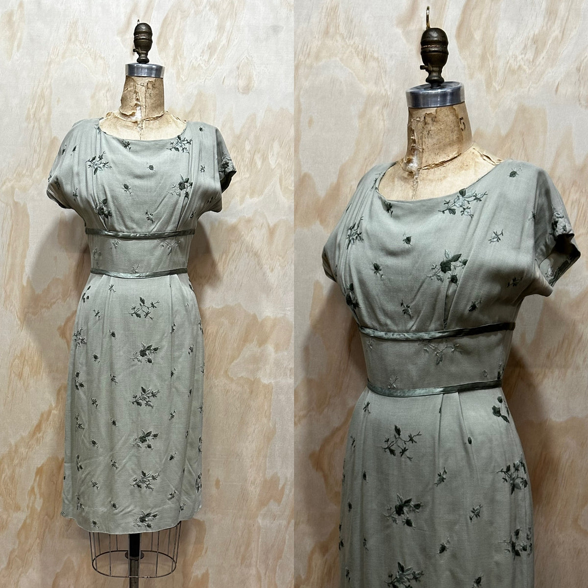 Vintage 1950s Green Kay Stone embroidered floral dress