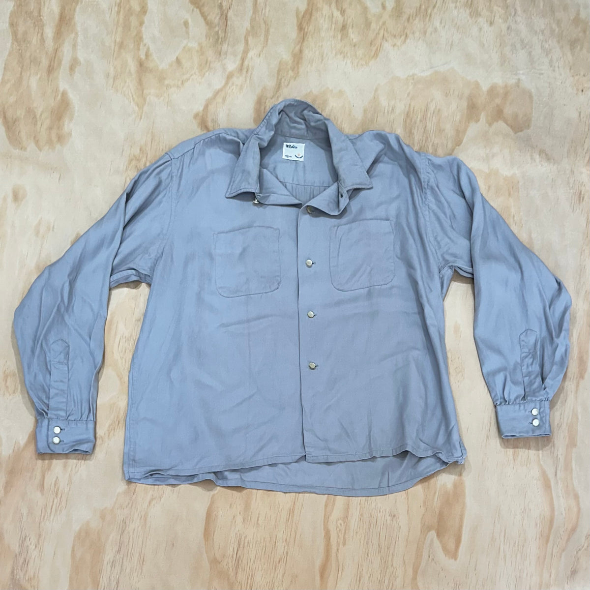 VTG 50s Rockabilly Button Up Gabardine Shirt Grey XL