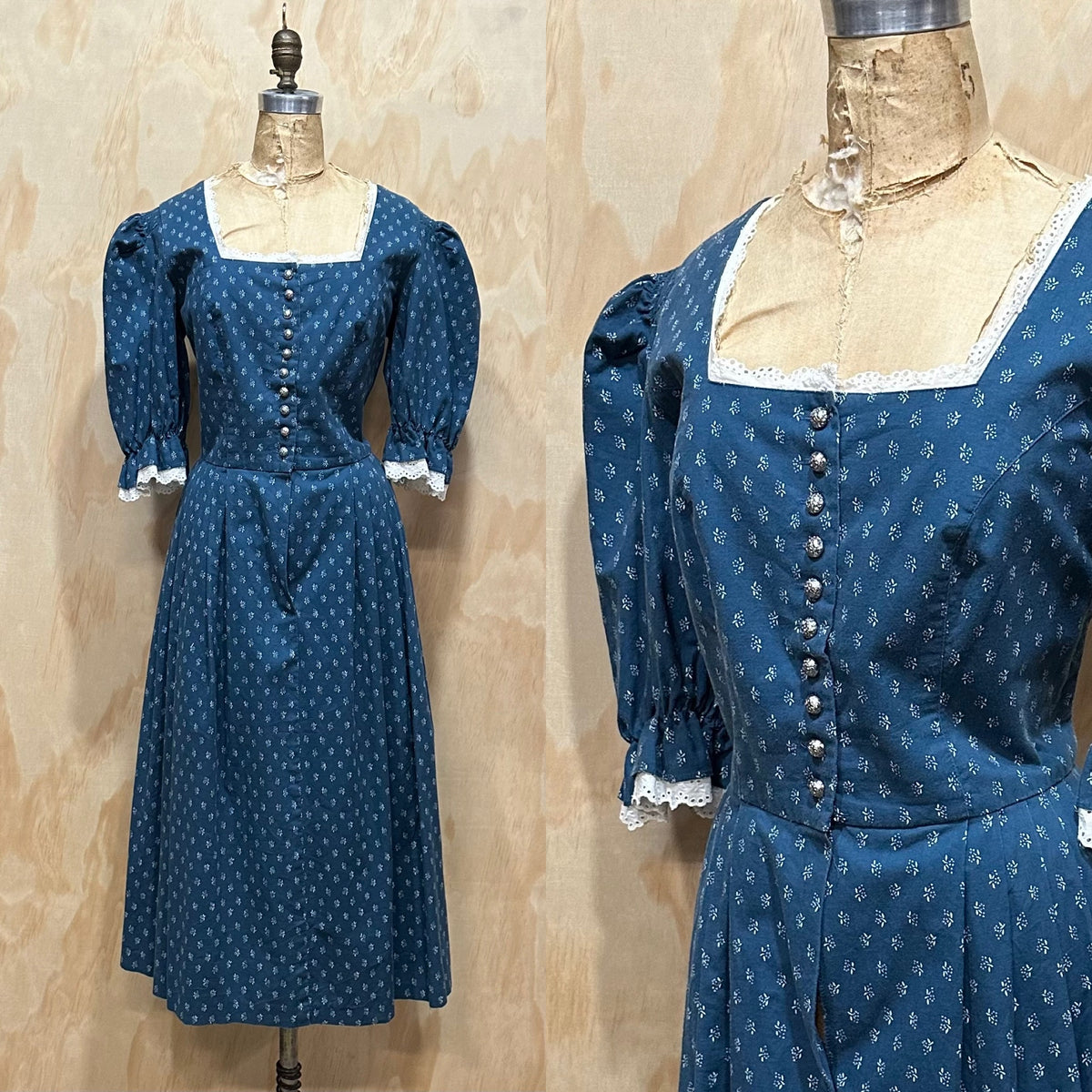 Vintage Dirndl Bavarian Dress • Puff Sleeve Blue Dress