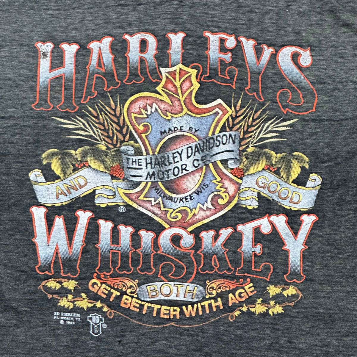 Vintage 1988 Harley Davidson Harley's Whiskey 3D Emblem Shirt